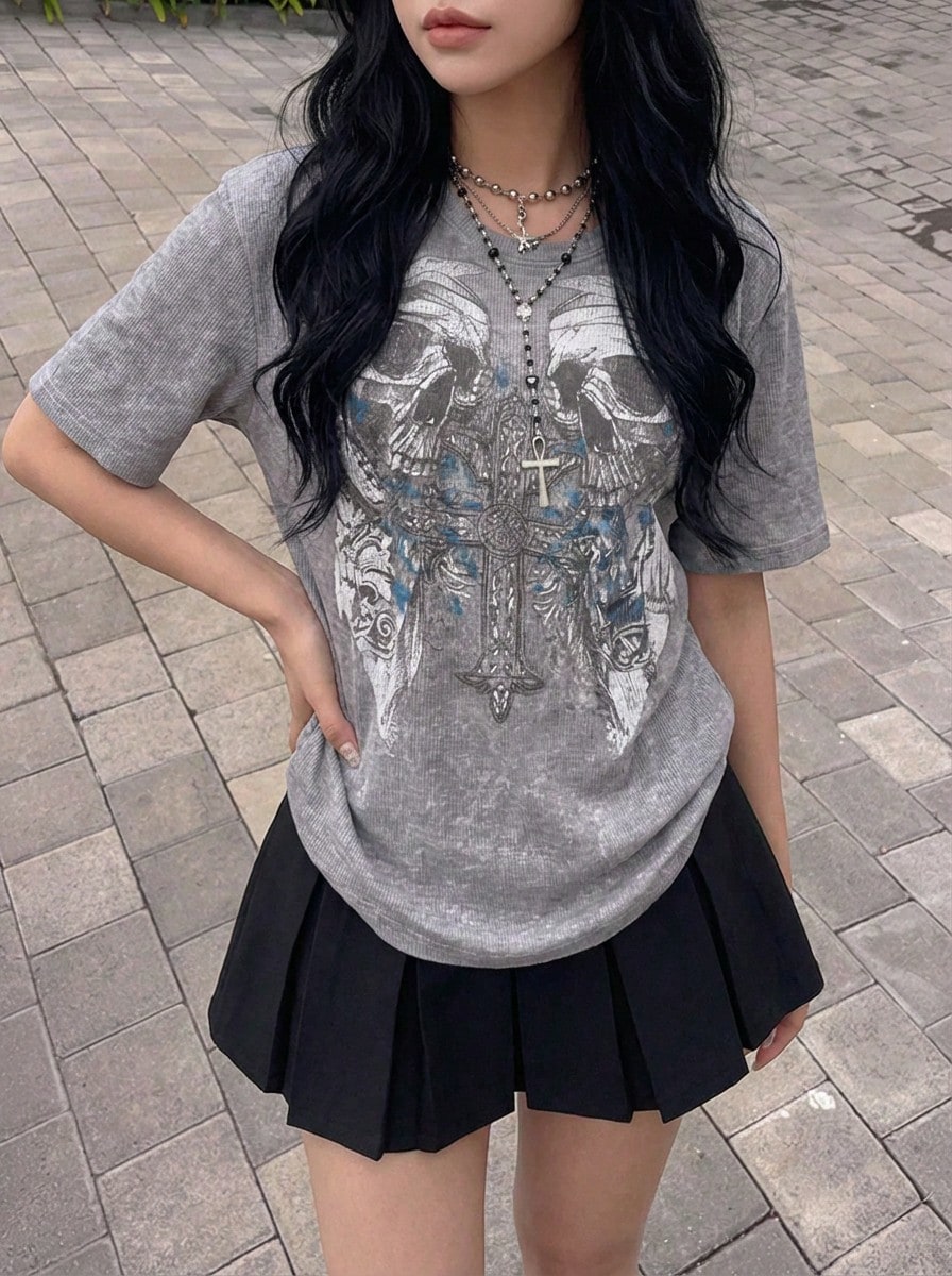 Rikumo Camiseta de manga corta con estampado de calavera en estilo retro callejero Y2K para mujer, camiseta estética Harajuku de invierno