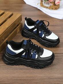 Sneakers Women, Multi-Color Patchwork, Soft And Lightweight Sole, Suitable For All Seasons, Thick Wedged Shoes, No Prints, Fabric Lining, EVA Insole, Fashionable Outdoor Shoes Women, Holiday Gift, New Year Celebration, Unisex Couple Shoes - White, Black, Dark Blue, Black Background - View 6