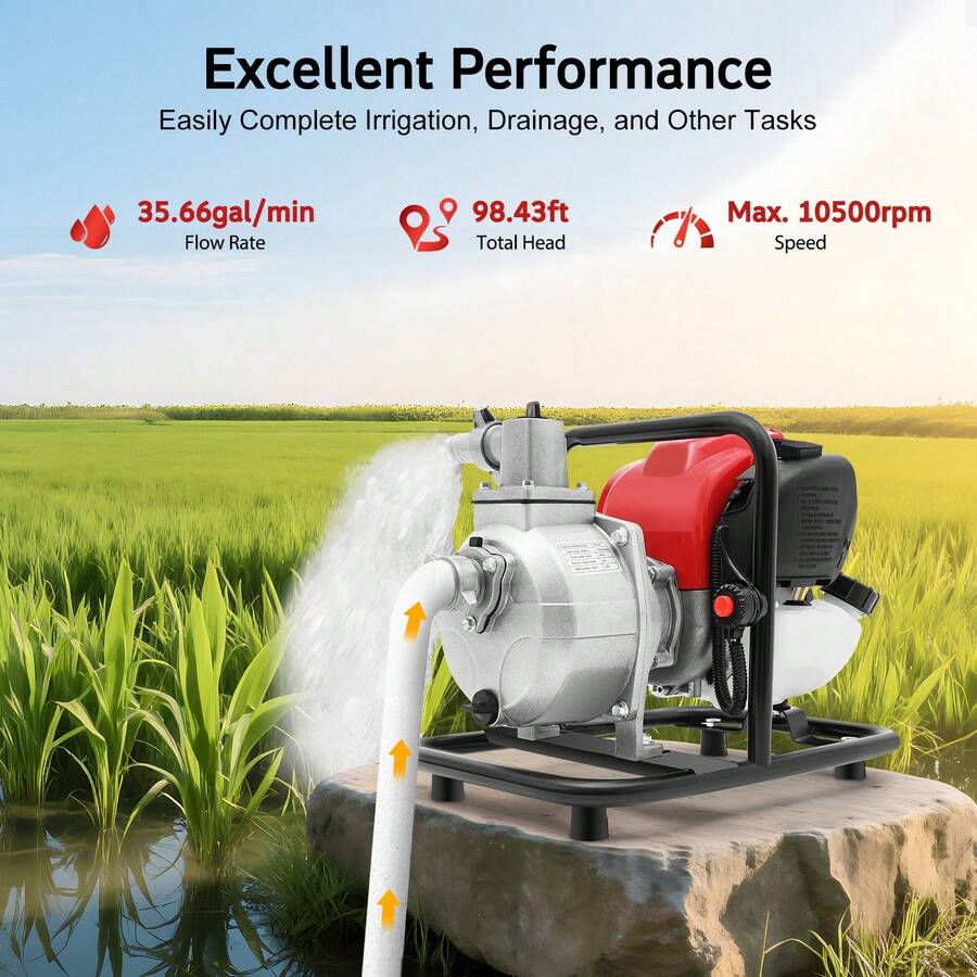 Gasoline Water Pump 1.2KW 38cc 35.66 GPM High Flow 98.43 Ft Total Head 4-Stroke Engine With Recoil Start For Farm Irrigation - Multicolor - View 1