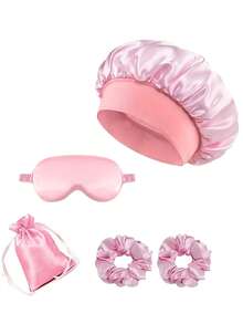 5pcs Set: Satin Sleep Eye Mask, Decorative Storage Bag, Scrunchie, Matching Sleep Cap - Multicolor - View 6