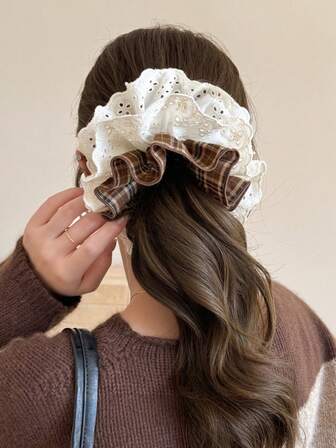 1개 걸 레트로 프렌치 격자 무늬 레이스 이중 레이어 헤어 스크런치, 여학생/학생용 고탄성 헤어 액세서리, 헤어 타이, 스크런치 헤어 타이