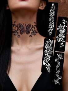 Haina Template Haina Hand Drawn Tattoo Hollow Template Minimalist Elegant Mandala Flower Geometric Pattern Haina Bridal Lace Stickers Suitable For Hands, Feet, Shoulders, Neck, Clavicles Semi Permanent Fake Tattoo Stickers 1 Pack - Black - View 1