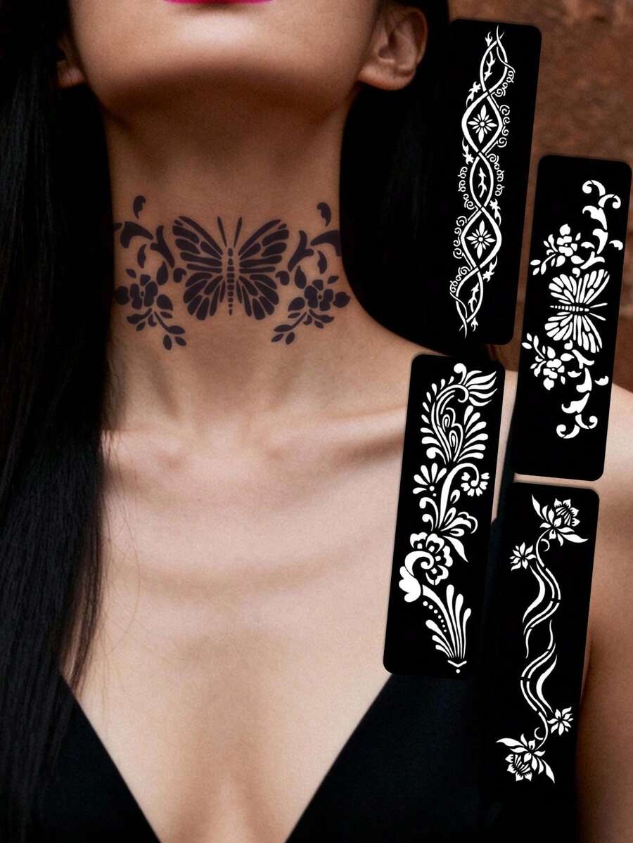 Haina Template Haina Hand Drawn Tattoo Hollow Template Minimalist Elegant Mandala Flower Geometric Pattern Haina Bridal Lace Stickers Suitable For Hands, Feet, Shoulders, Neck, Clavicles Semi Permanent Fake Tattoo Stickers 1 Pack - Black - View 1