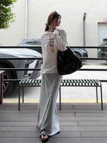 Y6Y Korean Style Loose Fit Gray Long Skirt, 2025 New Casual Relaxed Retro Skirt