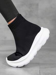 Zapatillas casuales de mujer, zapatos tipo calcetín con plataforma - Blanco y Negro - Ver 2