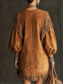 Women Long Sleeve Round Neck Dress Fringe Detail Puff Sleeve Loose Fit Mini Dress - 棕色 - 查看 2