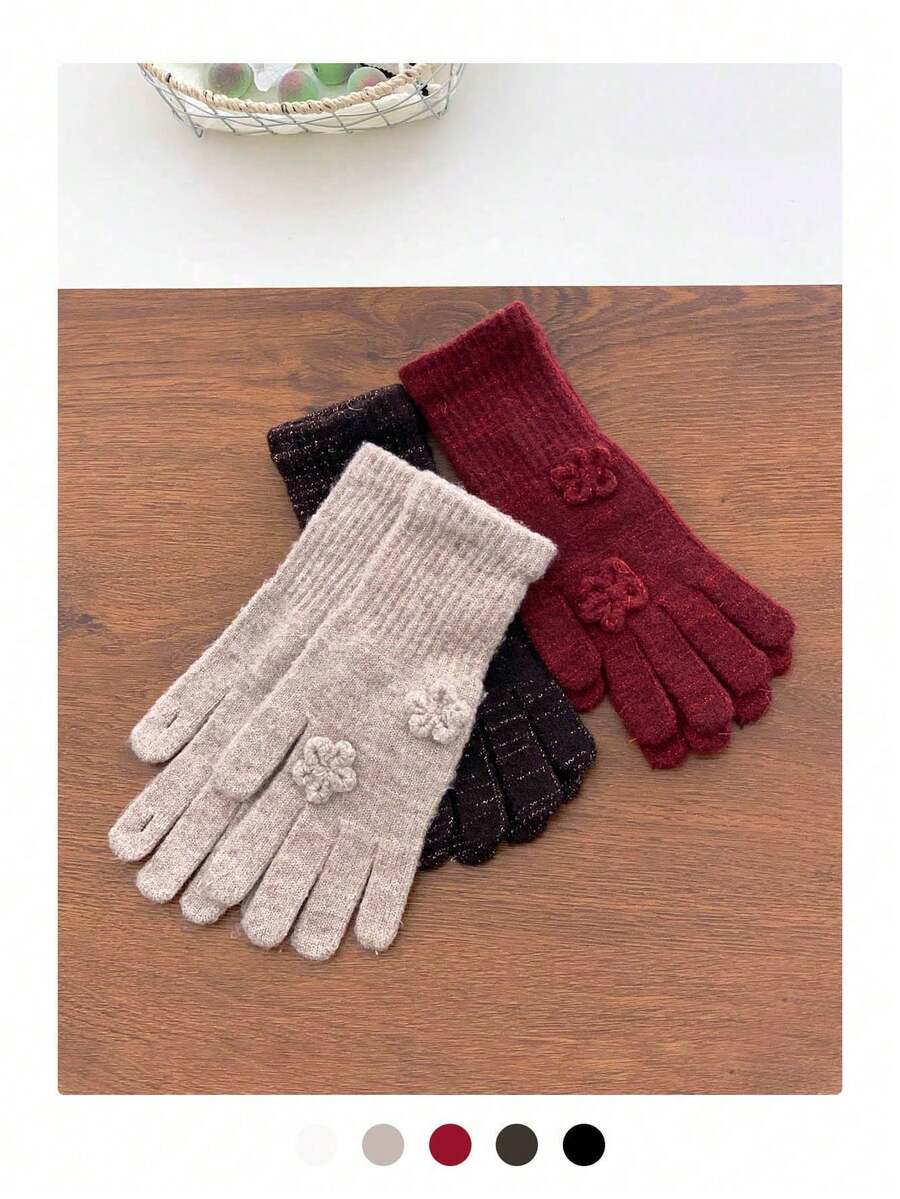 Rose-Embellished Knit Gloves (Hand Detailed), Soft Rabbit Fur Gloves, Warm And Versatile For Autumn/Winter, Knitted Touchscreen Floral Long Gloves For Women, Windproof And Warm Fingerless Gloves