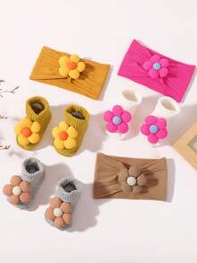 1 Set Baby Headband & Socks, 3D Five-Petal Flower Design, Solid Color, Stretchy Soft Comfortable Cute Infant Accessories - 彩色 - 查看 4