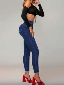 High-Waisted Rolled Hem Skinny Jeans In Dark Blue Ombre Washed Denim Fabric, Stretchy, Suitable For Daily Commute And All Seasons, Flattering Fit - Blue - View 4