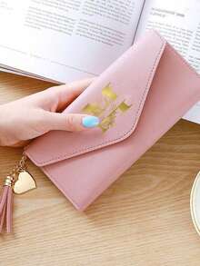 Personalized Synthetic Leather Wallet, Customizable Gold Foil Long Wallet With Cash & Card Slots, Customizable A-Z Initial Name & Heart Tassel Pendant, Perfect Gift For Girlfriend, Women's Wallet, Red Wallet, Local, School Supplies, Back To School, School Gift, Office, School, Classroom, Teacher Gift - Multicolor - View 2