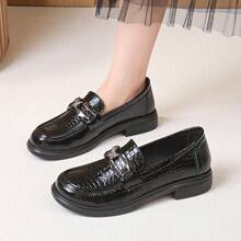 1双几何图案学院风聚氨酯大蝴蝶结石纹亮面玛丽珍乐福平底鞋，女士，适合办公室穿着，四季皆宜 - 黑色 - 查看 2