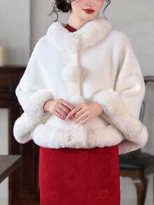 1pc New Bridal Gown Cheongsam Shawl, Women's Fashion High-End Faux Fur Collar Cloak Outerwear, Autumn/Winter, White - A - View 11