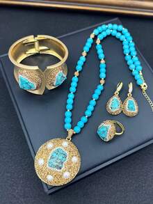 4 قطع طقم قلادة عتيقة من الفيروز مع تطعيم اللؤلؤ الطبيعي، مصنوعة يدويًا من الكريستال التشيكي