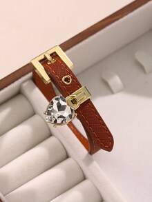 1pc Faux Diamond Bracelet, Leather Cuff With Rhinestones, High-Quality Electroplated Non-Fading, Suitable For Women's Daily Wear, Holiday Gift Choice