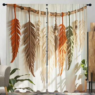 2pcs/Set Boho Feather Pattern Curtains, Rod Pocket Sheer Curtains With Tassels, Digital Printing, Bohemian Style, Suitable For Living Room, Bedroom, Study, All Seasons, Nordstrom Style, Luxury Style, Ramadan Holiday Decor
