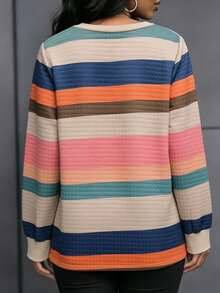 大码女式彩色条纹圆领宽松休闲卫衣 - 彩色 - 查看 2