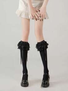 1 Pair Women's Solid Color Over-The-Knee Socks, Loose Fit Lolita Style Multi-Layer Bow Design, Ballet Inspired Japanese Non-Slip Loose Socks, Cute Lolita Tea Party Essential Socks - Multicolor - View 5