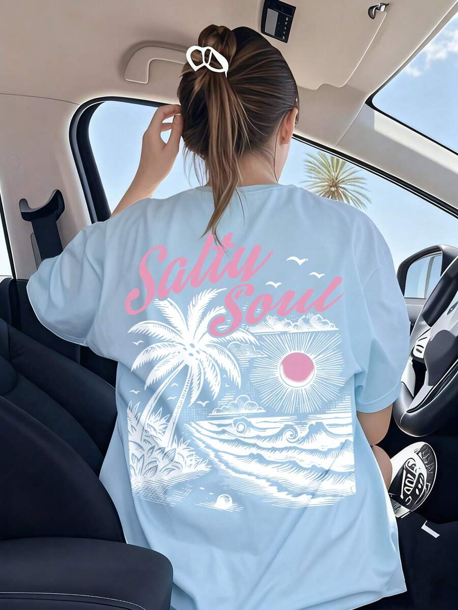 女童柔软棕榈印花短袖T恤，夏季沙滩装 - 藍色 - 查看 1