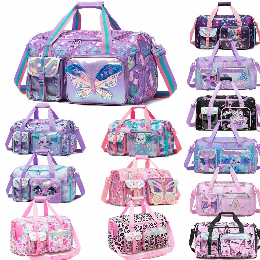儿童旅行包、女孩旅行包、儿童过夜包、女孩舞蹈包、女孩周末旅行包、带鞋仓的健身包 - 卡通旅行袋 - 查看 1