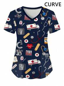 Plus Size Women V-Neck Short Sleeve Uniform T-Shirt Top With Pockets (Random Print), Nurse Scrub Top Spring - Blue - View 1