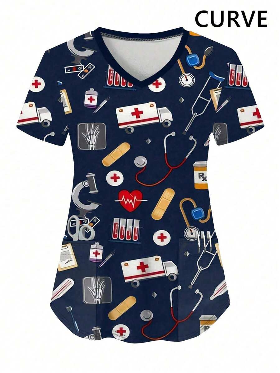 Plus Size Women V-Neck Short Sleeve Uniform T-Shirt Top With Pockets (Random Print), Nurse Scrub Top Spring - Blue - View 1