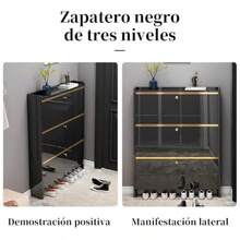 Popular Zapateros Organizador Negro Armario de Zapatos 90*17*115CM Zapatera Madera Mueble con 3 Niveles Plegable contra el Polvo Ideal para Pasillo Entrada Sala de Estar - Negro con detalles dorados - Ver 7