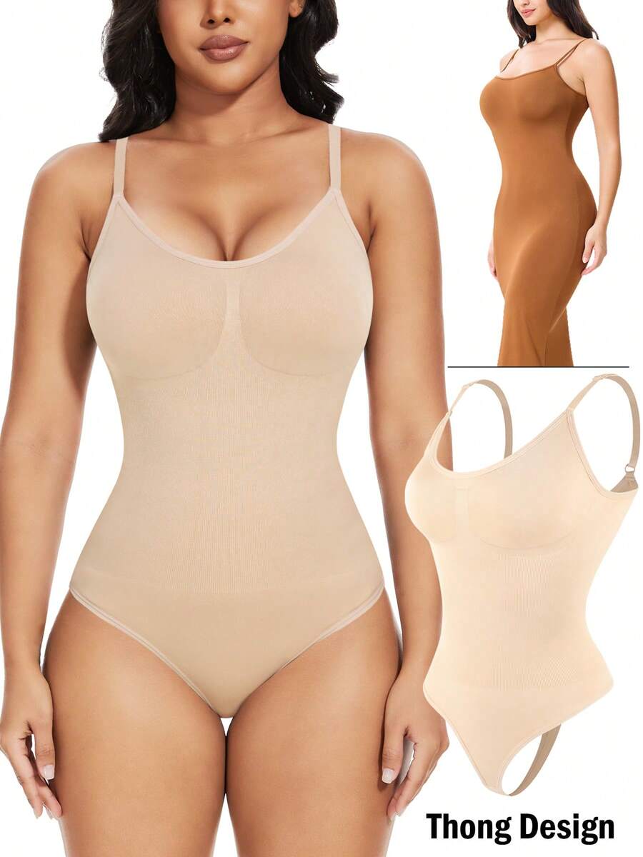 Women Shaping Thong Bodysuit Tummy Control Slimming Body Shaper Jumpsuit Shapewear Waist Trainer Tops - Beige - View 1