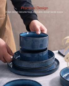 Richmount 12 Piece Stoneware Dinnerware Sets, Plates And Bowls Set For 4 - Tinh vân xanh - Xem 3