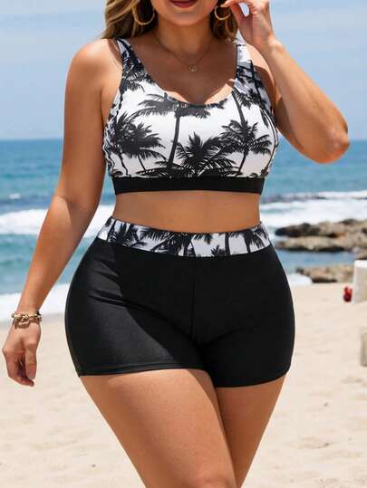 Swim Lushoire Conjunto de bikini de talla grande para playa de verano con estampado de palmeras y patchwork de ropa de playa con sujetador y pantalones cortos de natación