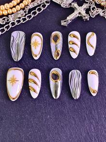 10片/套女士按压式美甲贴片，杏仁形甲片，饰以手工镶嵌的美甲宝石。白色底色，金色箔片纹理，点缀星星和水钻，尽显奢华质感。每片甲片都拥有独特的设计，闪耀夺目。这款全覆盖亮泽亚克力可重复使用假指甲套装包含指甲胶水和指甲锉，是新年派对、情人节、日常佩戴或馈赠亲友的理想之选。 - 查看 3