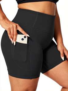 Plus Size Women High Waist Yoga Shorts With Pockets, Butt Lifting Workout Running Fitness Shorts - Black - View 3