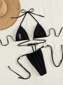 Floral Print Bikini, Casual Sexy Knit Fabric Tie Back Backless Beach Vacation - Black - View 5