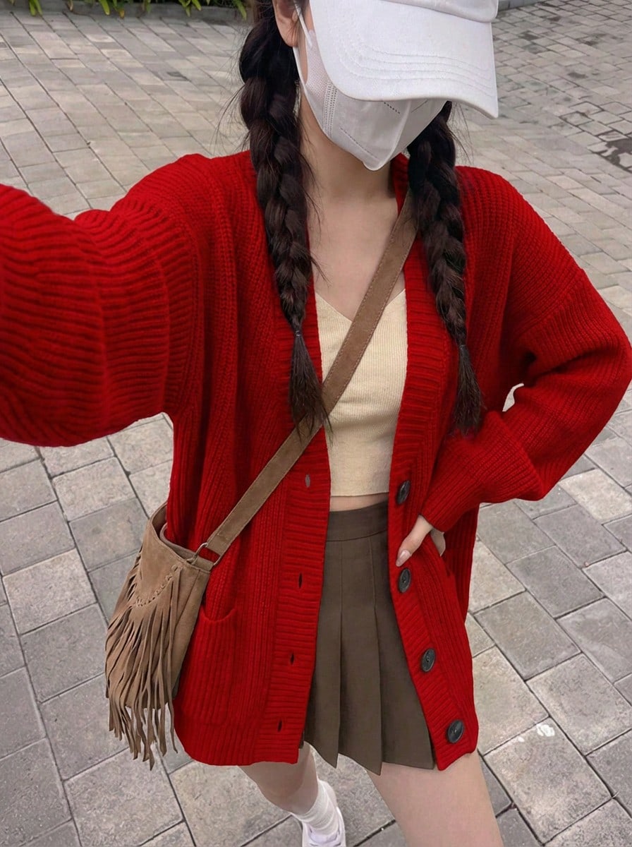 Rikumo 女士节日假日中国新年圣诞节红色纯色纽扣前开襟落肩开衫冬季 - 紅色 - 查看 1