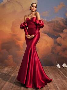 VIPGIRL elegantes burgunderrotes Off-Shoulder Maxikleid mit Puffärmeln im Meerjungfrauenschnitt, seidenes Abendkleid, Modisches Partykleid für Damen, Damen Abendkleid für festliche Anlässe - Bordeaux - Übersicht 7