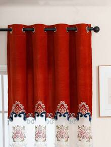 1pc Double Row European Flower Embroidered Perforated Curtain, Luxury Hollow Embroidered Perforated Curtain In European Style, Suitable For Living Room, Bedroom, Dining Room, Kitchen Windows, Home Decor - Red - View 4