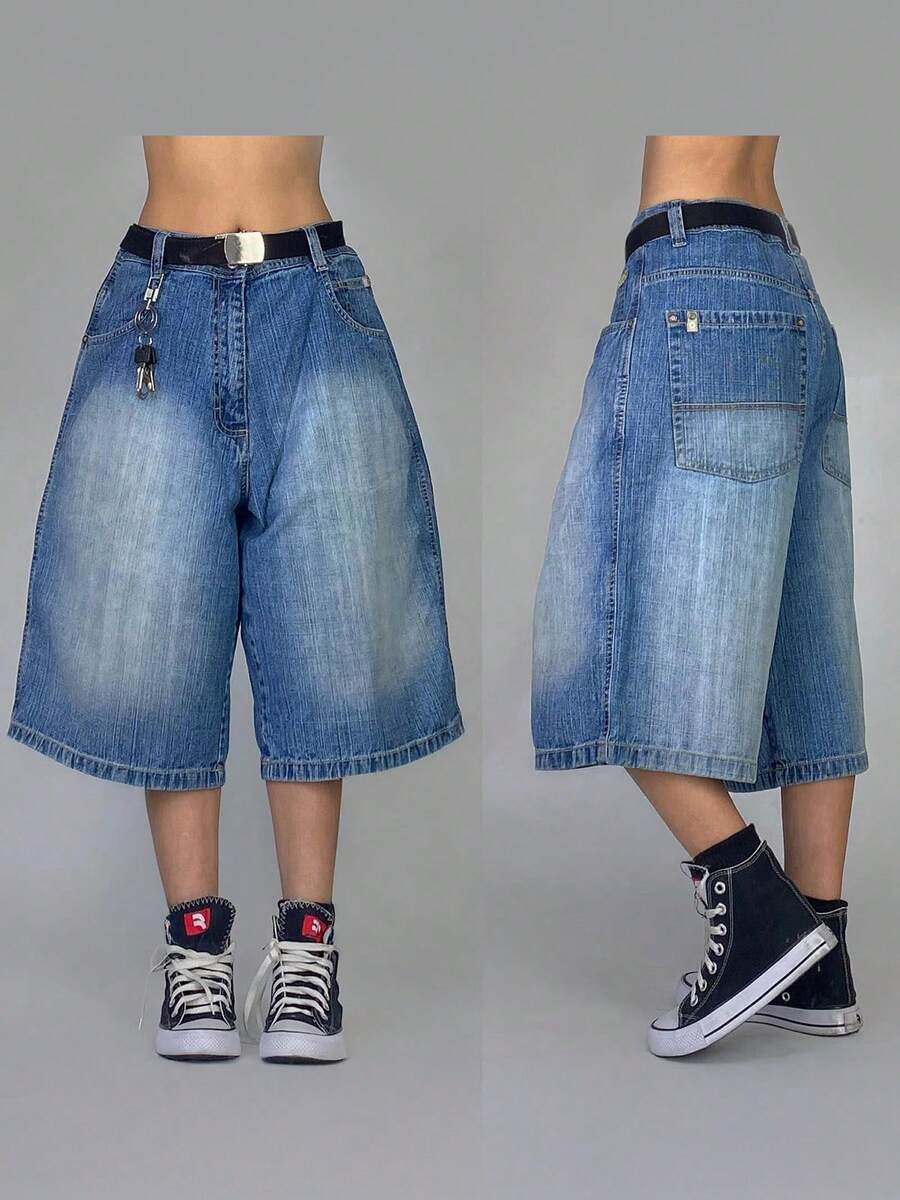 Women's Oversized High-Waisted Denim Cargo Shorts Light Wash Baggy Knee-Length Jean Shorts - 淺藍色 - 查看 1