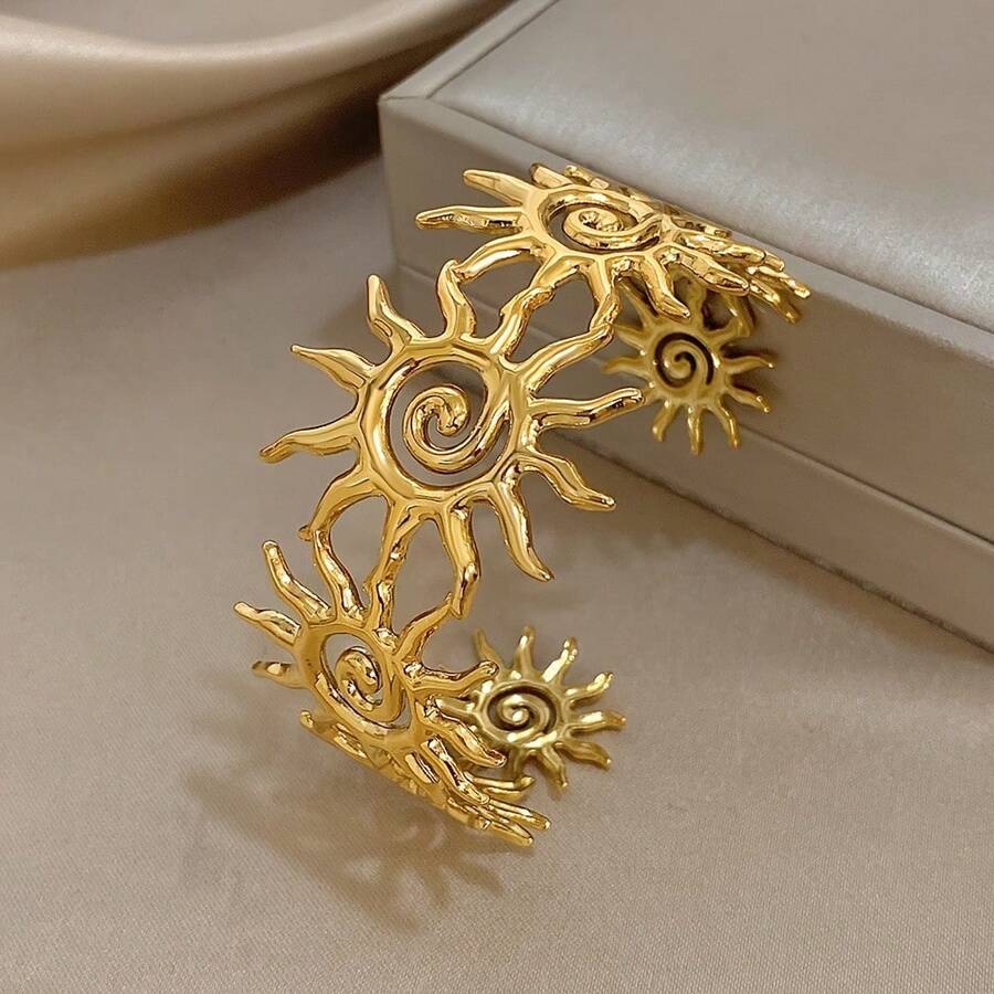 1 Bohemian Spiral Sun Patchwork Bracelet - Stainless Steel Interlocking Sun Design, Gold Tone Embellishments, Elegant Daily And Wedding Jewelry, Unisex, Suitable For Daily Wear, Festival Accessories, Bohemian Style, Durable Bracelet - 金色的 - 查看 1