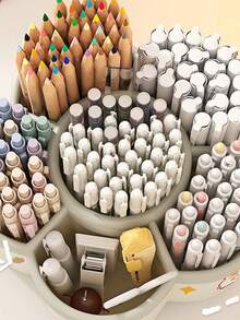 1pc Rotating Pen Holder Organizer, High Capacity, Compartments, Suitable For Student, Children Desk, Creative Pen Rack, Minimalist Design (Random Sticker Pattern) - Multicolor - View 9