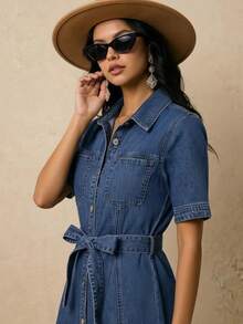 Casual Denim Shirt Dress For Women Short Sleeve Collar Button Front Pockets Belted Short Length Slight Stretch Fabric - Màu xanh lam - Xem 3