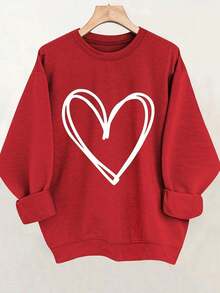 Heart Print Pullover Sweatshirt, Casual Long Sleeve Crew Neck Sweatshirt For Fall & Winter, Women's Clothing, Valentine's Day Printed Sweatshirt - [Màu đỏ] - Xem 1