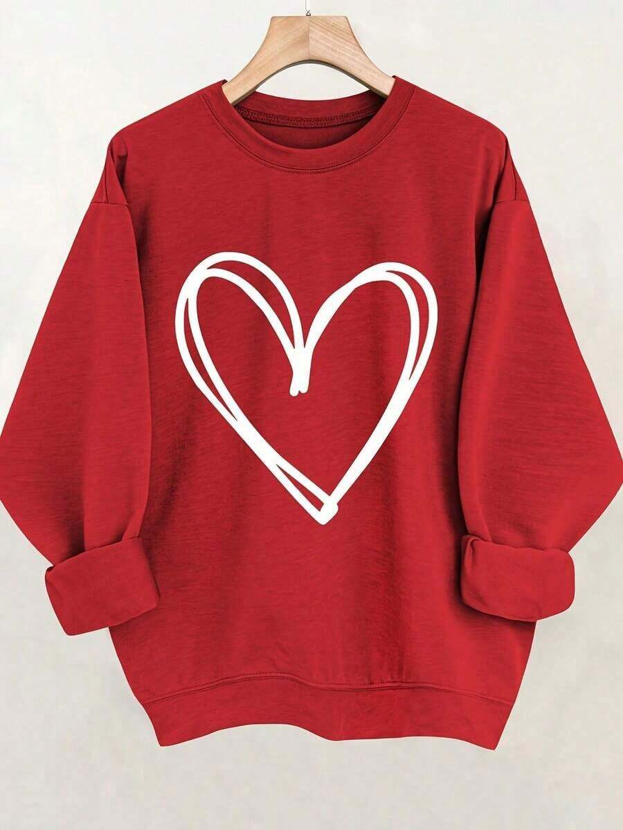 Heart Print Pullover Sweatshirt, Casual Long Sleeve Crew Neck Sweatshirt For Fall & Winter, Women's Clothing, Valentine's Day Printed Sweatshirt - [Màu đỏ] - Xem 1