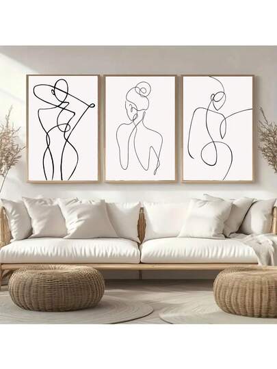 3幅/套无框帆布海报，现代艺术，女性线条艺术版画，卧室、客厅和走廊的理想礼物，墙面艺术，墙面装饰，房间和家居装饰