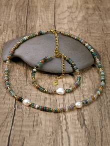 Vintage Boho-Stil Edelstein & Zuchtperlen Halsketten Set - Natürliche Edelstein Perlen Schmuck, geeignet für den täglichen Gebrauch und den Urlaub, ganzjährig, ein ideales Geschenk zum Valentinstag - Verschiedenfarbig - Übersicht 9