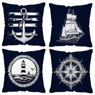 TOPSSCTR 4pcs Single-Sided Printed Pillow Cover Set, Nautical Theme With Sailboat, Lighthouse, Anchor, And Rudder Design, Home Decor Cushion Covers For Living Room Sofa And Bedroom, No Pillow Inserts