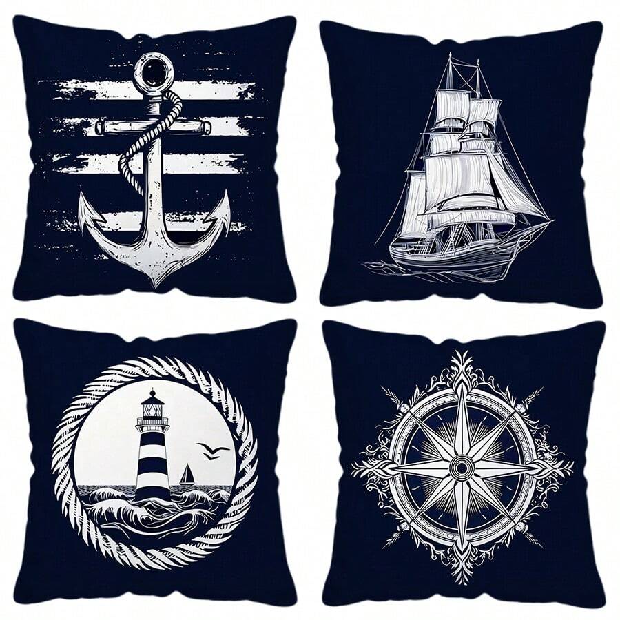 TOPSSCTR 4pcs Single-Sided Printed Pillow Cover Set, Nautical Theme With Sailboat, Lighthouse, Anchor, And Rudder Design, Home Decor Cushion Covers For Living Room Sofa And Bedroom, No Pillow Inserts
