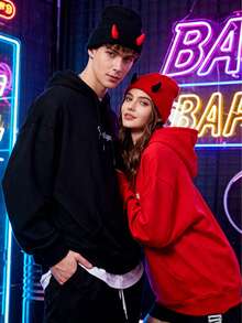 多功能多色犄角帽，可爱小恶魔犄角帽，嘻哈酷炫针织羊毛帽，秋冬季轻薄保暖帽，派对聚会情侣个性化帽子 - 彩色 - 查看 10