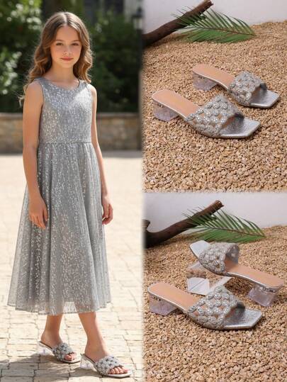 1 Pair Plus Size Soft PU Hollow Oval Beaded Patchwork Silver Glitter Rhinestone Slip-On Transparent Chunky Heel Sandals, Elegant And Lightweight Roman Style Slippers Suitable For Teenage Girls, Daily, Party, School, Commute, Travel, Spring/Summer