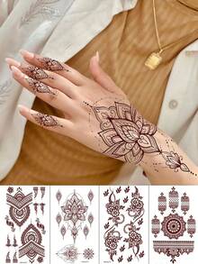 4张海娜临时纹身贴纸，防水棕色手部纹身贴纸，适合女孩婚礼、穆斯林服饰、节日、情人节派对等场合。