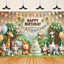 1 pièce Toile de fond d'anniversaire avec animaux sauvages de la forêt - Thème d'animaux de la jungle avec feuilles, singes, éléphants et décoration de gâteau - En polyester, sans alimentation électrique - Convient pour les accessoires et la décoration de fête d'animaux sauvages de la jungle - Militaire verte - Voir 5