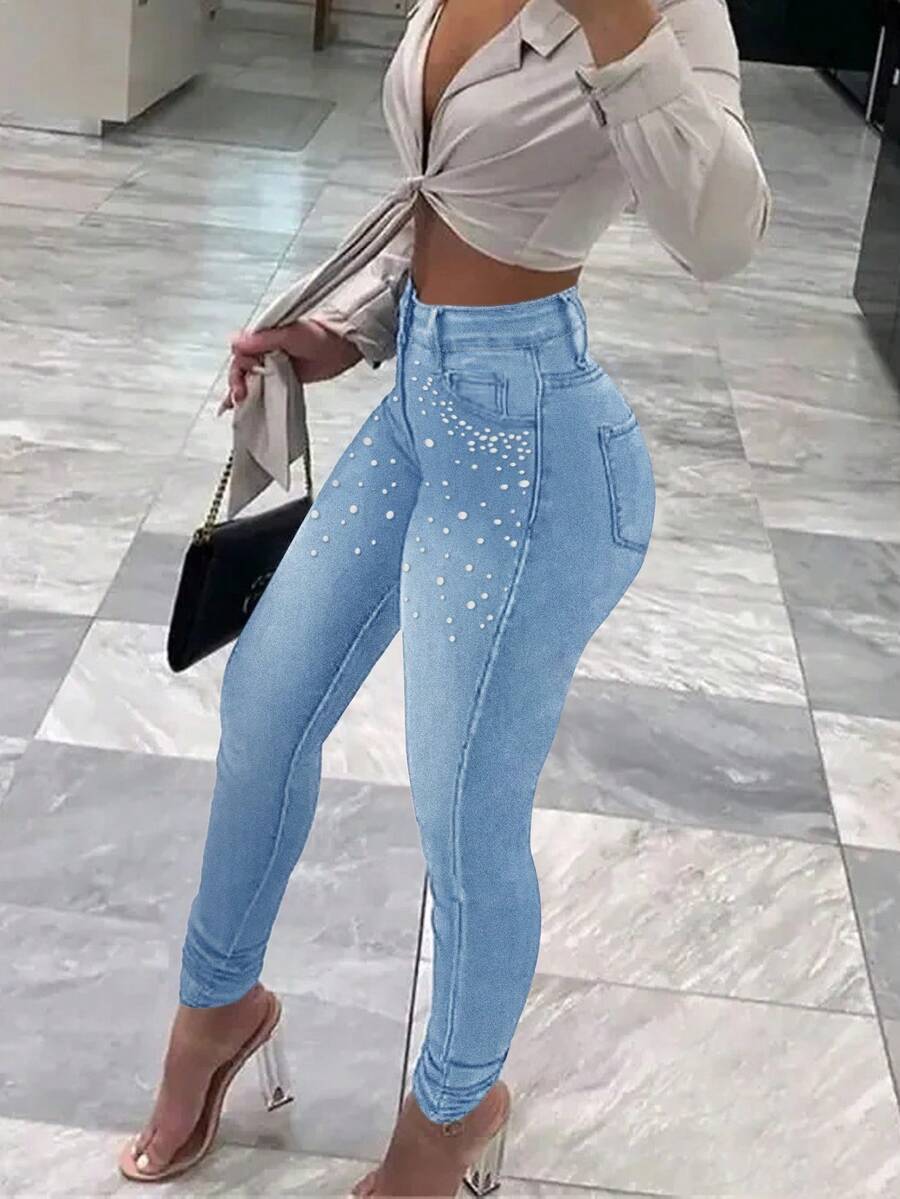 Ladies' Sexy Waist Hit Tight Jeans, Paired With Pearl Decorations, Suitable For All Seasons, Suitable For Daily Outings, Dates, Birthday Parties, Bars, Banquets,Suitable For All Seasons, Christmas Outfit Women,Thanksgiving Outfit Women,Streetwear Women, Christmas Gift - 淺色水洗藍 - 查看 1